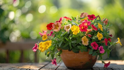 A colorful flower arrangement in a brown vase sits on a wooden table. Generate AI image