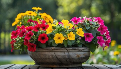 A colorful flower arrangement in a brown vase sits on a wooden table. Generate AI image