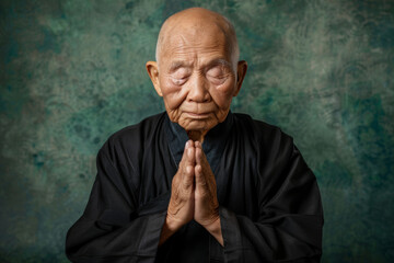 Obraz premium an Elderly Asian Man Engaged in Prayer: An elderly Asian man sitting in prayer with a peaceful and reverent expression, his hands folded in front of him. The studio backdrop is a tranquil green,