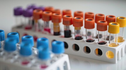 Blood collection tubes on a styrene rack with colored caps