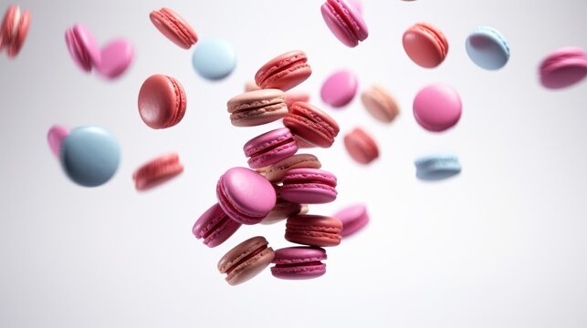 Vibrant floating macarons on white background  sweet desserts concept in 3d illustration