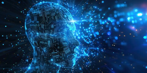 Digital human head composed of blue circuits and lights