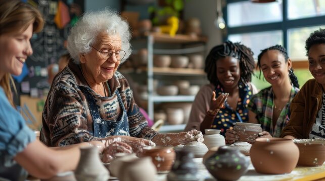 Elderly woman teaching a pottery class to a diverse group of young adults