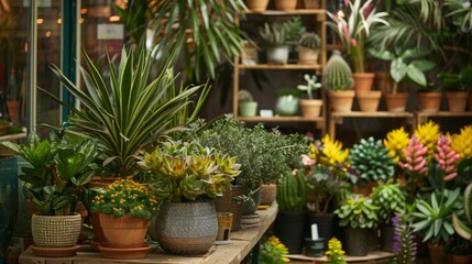 Fototapeta premium A variety of potted plants are arranged on a wooden table in a flower shop. The plants are mostly green, with some flowering plants in the background.