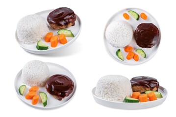 Asian meet hamburger with sauce, rice and vegetables in a plate on a white isolated background