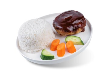 Asian meet hamburger with sauce, rice and vegetables in a plate on a white isolated background