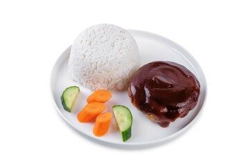 Asian meet hamburger with sauce, rice and vegetables in a plate on a white isolated background