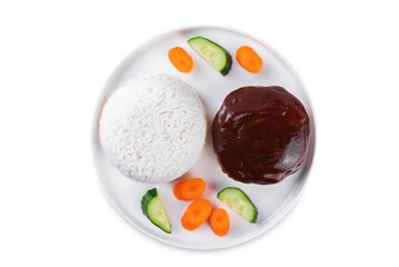 Asian meet hamburger with sauce, rice and vegetables in a plate on a white isolated background