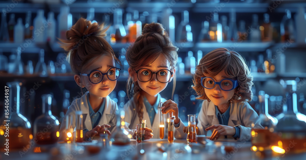 Poster three girls in lab coats work with beakers and tubes in a lab, focused on their experiment and clear