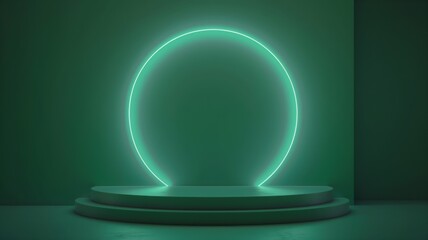 Blue mint podium abstract scene with neon white ring. Empty stage minimalistic design background. Stand product showcase on green background with tree Christmas.