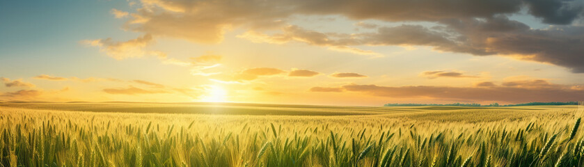Fototapeta premium Beautiful sunrise over a vast field of green crops, with golden light spreading across the horizon and fluffy clouds in the sky.