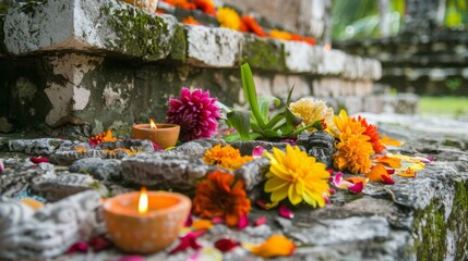 A close-up shot of stone steps decorated with flowers and candles, creating a vibrant and spiritual atmosphere.