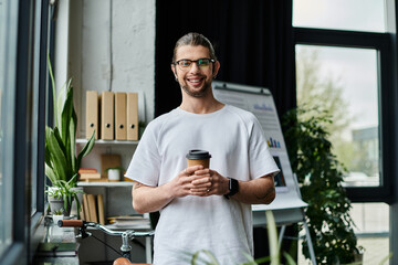 A handsome Caucasian businessman holding a coffee cup.