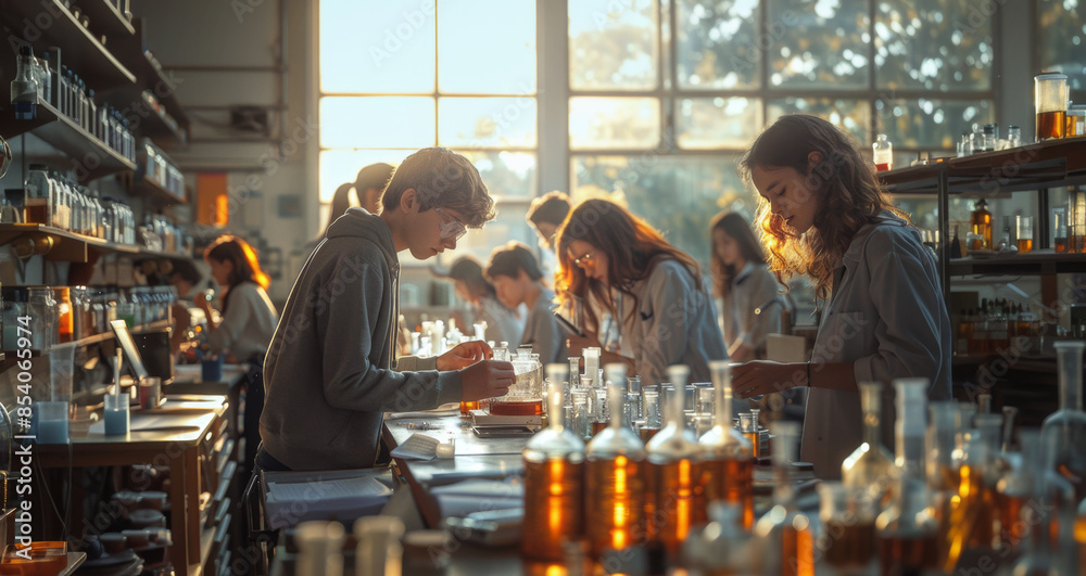 Poster students conduct a science experiment in a bright classroom with beakers and lab equipment, large wi