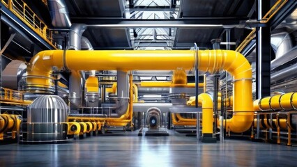 Fototapeta premium A network of pipes stretched through an industrial structure, or factory. the theme demonstrates the engineering design and organization of systems in large industrial facilities.