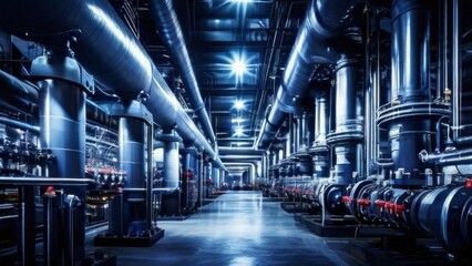Obraz premium A network of pipes stretched through an industrial structure, or factory. the theme demonstrates the engineering design and organization of systems in large industrial facilities.