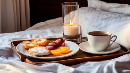 The image shows a hotel breakfast on a tray on a bed with white linens. the theme of eating in bed, which is often associated with relaxation, comfort or a special occasion.