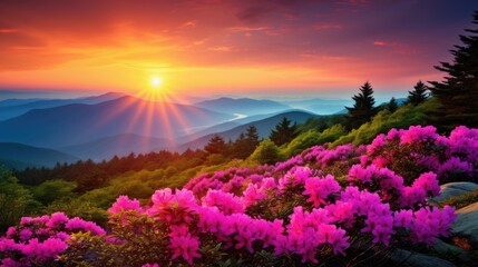 Fototapeta premium The sun sets behind the blue ridge mountains