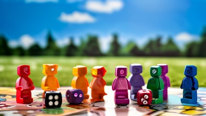 Plastic figures resembling the shape of human bodies. They are lined up in a row like game pieces and placed on the playing field. leisure theme, board games 
