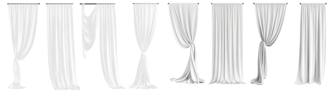 White sheer curtains with different drapery, semi-transparent alpha channel