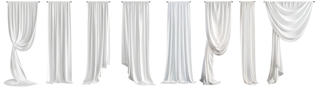 Bundle of white sheer curtains with different drapery, semi-transparent
