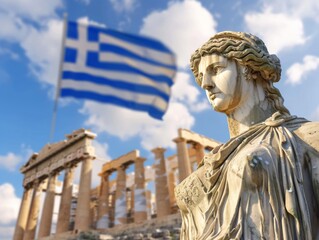 Obraz premium Greek Flag Embedded in Marble Statue - Ancient Greece Historical Symbol Photo