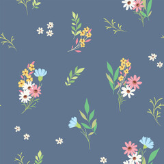 Obraz premium Seamless floral pattern, cute ditsy print, abstract nature ornament with wild plants. Pretty simple botanical design: small hand drawn flowers, leaves on a blue background. Vector illustration.