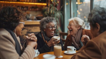 Group of senior women laughing together over coffee in a cozy cafe