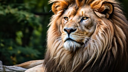Fototapeta premium A close up close-up shot of a lion's face. Special attention is paid to details such as the mane, eyes, and facial markings. The background is blurred