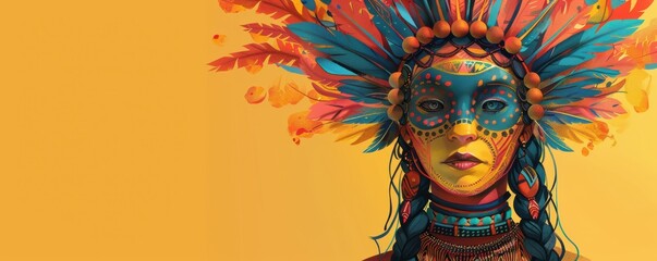 Obraz premium Vibrant portrait of a woman in traditional indigenous attire with colorful feathers and face paint on a bright yellow background.