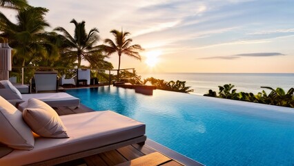 Fototapeta premium An outdoor infinity pool with a sunset backdrop overlooking the horizon where the sky meets the ocean. Sun loungers are placed on the shore and palm trees can be seen in the distance.