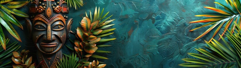 Fototapeta premium Colorful tribal mask surrounded by lush tropical leaves, creating an exotic and cultural atmosphere in a richly textured background.