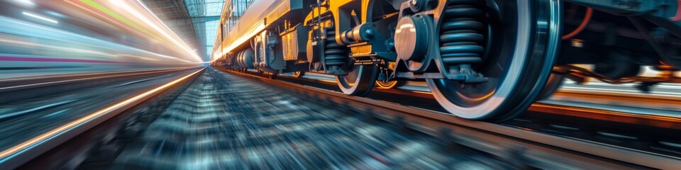 Fototapeta premium Industrial rail train wheels closeup motion technology perspective conceptual background