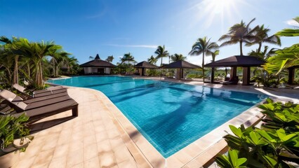 luxurious pool at dusk. residential or resort villas, with large windows and sliding doors. The buildings are surrounded by lush tropical vegetation and palm trees.