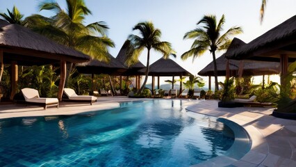 Fototapeta premium luxurious pool at dusk. residential or resort villas, with large windows and sliding doors. The buildings are surrounded by lush tropical vegetation and palm trees.