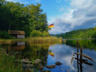 Obraz premium Germany Flag Reflection on Serene Lake - Peaceful Lakeside SceneBeautiful Nature View