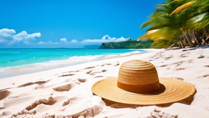 Obraz premium a straw hat on a sandy beach. green palm trees can be seen swaying slightly, indicating a light breeze. The sky is clear with no clouds, indicating sunny weather.