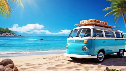 A vintage van parked on a sandy beach under a clear blue sky. The ambiance is tropical, evoking a...