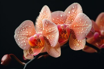 Fototapeta premium Orchid Flowers with Dew Drops on a Black Background