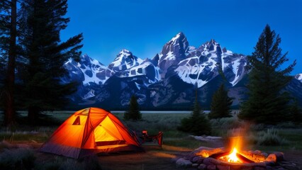 Of course! This image depicts a breathtaking landscape during sunset. It shows mountains with sharp peaks covered in snow colored in shades of orange, pink and purple. Ahead is a quiet river