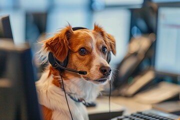 Dog Wearing Headset in Office.