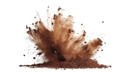 Dry Soil explosion with dirt and cloud smoke. Isolated on white background. Dirty ground abstract spread with flying particles