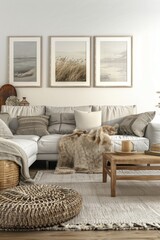 Coastal inspired living room with white sofas, woven textures, and framed beach photography.