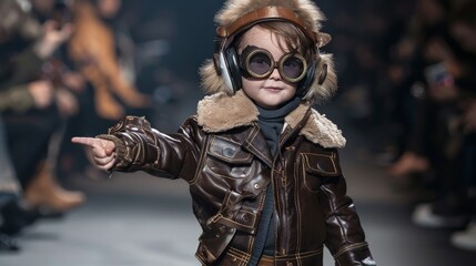 Obraz premium Infant boy dressed as a little pilot, complete with goggles and a leather jacket, on the catwalk