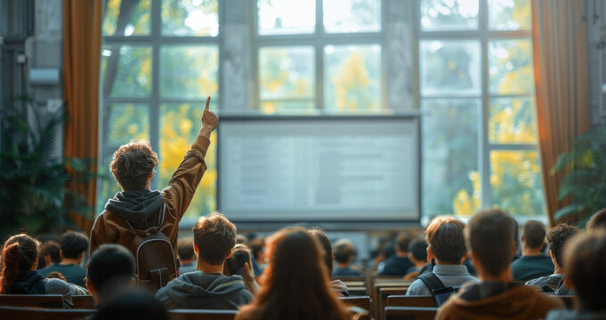 A young student raises his hand to ask a question during a lecture in a large classroom setting.