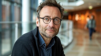 Middle-aged Caucasian male with messy hair and glasses, wearing a black coat, looking thoughtful in an office corridor.