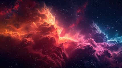 Fototapeta premium A vibrant nebula with swirling clouds of red, orange, and pink against a dark starry sky.
