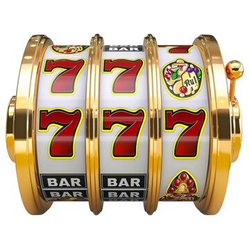 a golden slot machine displaying three lucky 7s on its reels on a Transparent Background
