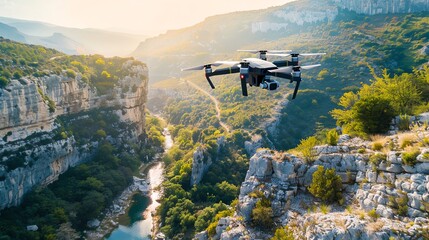 Fototapeta premium Drones with cameras hovering over a breathtaking landscape, capturing the scene from above, with a dynamic perspective that showcases their bird seye view capabilities