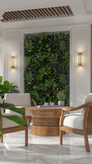 a modern outdoor living room in an urban courtyard, showcasing a vertical garden wall, wooden chairs, cacti, and plants, with a table and armchairs against white stucco walls.